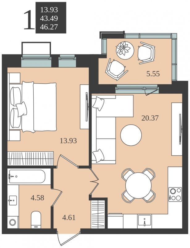 1-комнатная квартира без отделки, 46.27 м2, 2 этаж, сдача 1 квартал 2024 г., ЖК Мишино-2, корпус 7 - объявление 1906951 - фото №1