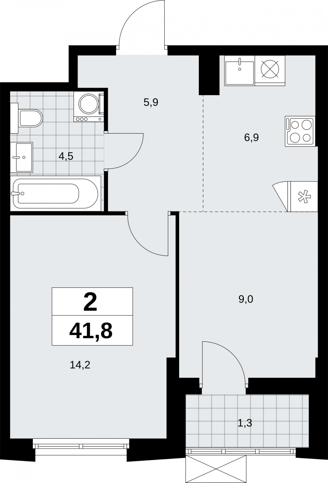 2-комнатная квартира (евро) без отделки, 41.8 м2, 3 этаж, сдача 1 квартал 2026 г., ЖК Дзен-кварталы, корпус 6.2.2 - объявление 2328634 - фото №1