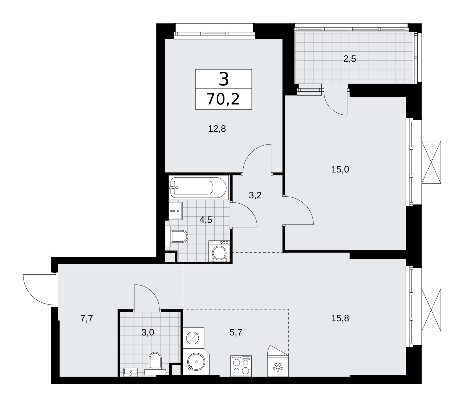 3-комнатная квартира (евро) без отделки, 70.2 м2, 2 этаж, сдача 1 квартал 2026 г., ЖК Дзен-кварталы, корпус 4.2 - объявление 2251475 - фото №1