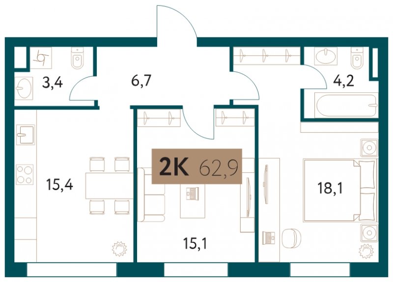 2-комнатная квартира 62.9 м2, 11 этаж, сдача 4 квартал 2022 г., ЖК Настоящее, корпус 4 - объявление 1711371 - фото №1