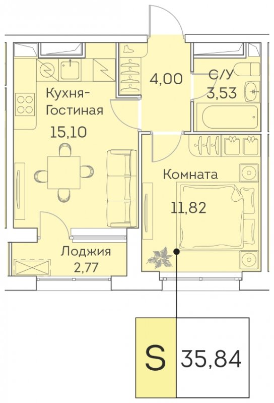 2-комнатная квартира (евро) с частичной отделкой, 35.84 м2, 22 этаж, сдача 3 квартал 2023 г., ЖК Аквилон BESIDE, корпус 1 - объявление 1419371 - фото №1