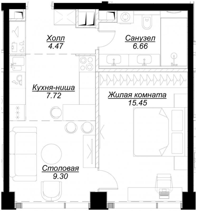 1-комнатная квартира с частичной отделкой, 43.52 м2, 25 этаж, сдача 4 квартал 2024 г., ЖК MOD, корпус Mod.D - объявление 1788279 - фото №1
