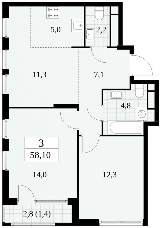 3-комнатная квартира (евро) без отделки, 58.1 м2, 22 этаж, сдача 2 квартал 2025 г., ЖК Южные сады, корпус 2.4 - объявление 1760505 - фото №1
