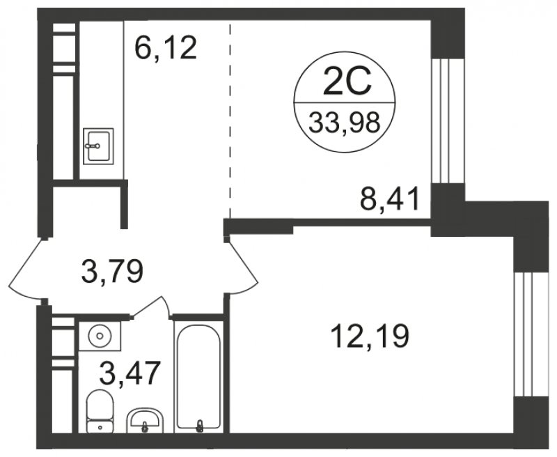 2-комнатная квартира с полной отделкой, 33.98 м2, 12 этаж, сдача 3 квартал 2023 г., ЖК Люберцы, корпус 66 - объявление 1597937 - фото №1