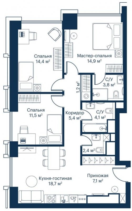 3-комнатная квартира с частичной отделкой, 83.79 м2, 23 этаж, сдача 2 квартал 2024 г., ЖК City Bay, корпус Indian Ocean 1 - объявление 1671587 - фото №1