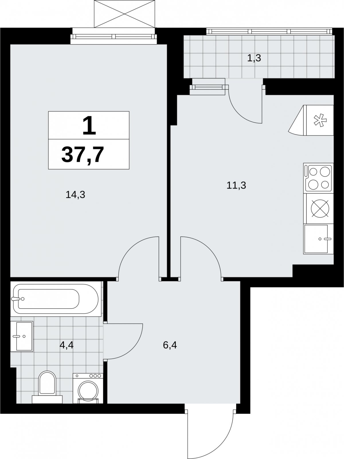 1-комнатная квартира без отделки, 37.7 м2, 4 этаж, сдача 2 квартал 2026 г., ЖК Дзен-кварталы, корпус 6.1.1 - объявление 2327088 - фото №1