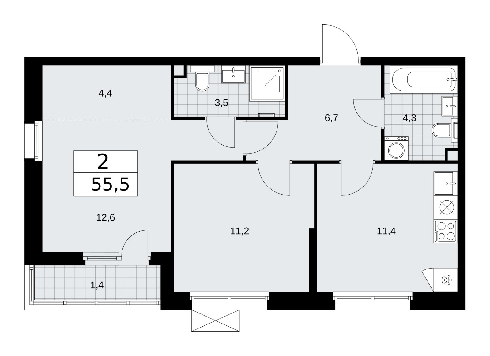 2-комнатная квартира без отделки, 55.5 м2, 2 этаж, сдача 2 квартал 2026 г., ЖК Скандинавия, корпус 25.5 - объявление 2283612 - фото №1