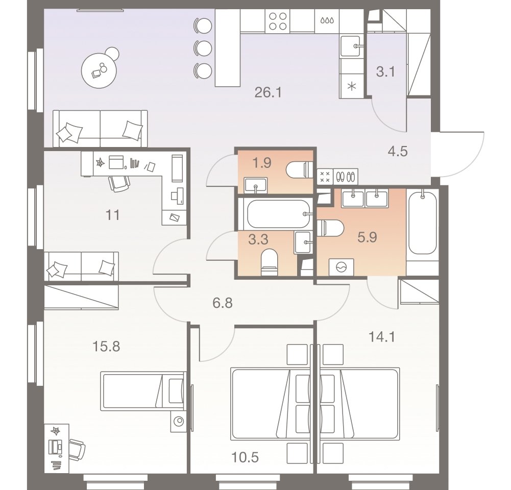 5-комнатная квартира без отделки, 103 м2, 27 этаж, сдача 1 квартал 2026 г., ЖК Twelve, корпус 3 - объявление 2331972 - фото №1