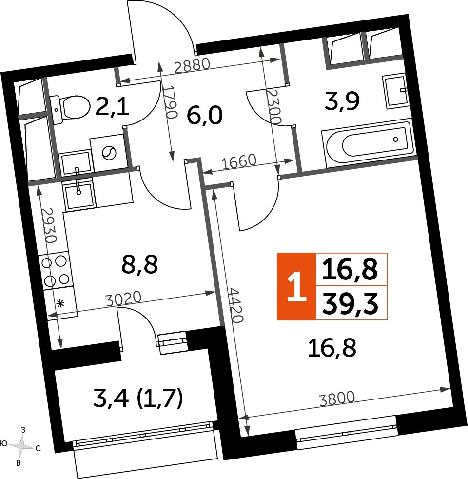 1-комнатная квартира без отделки, 39.3 м2, 4 этаж, дом сдан, ЖК UP-квартал Римский, корпус 7 - объявление 2208635 - фото №1