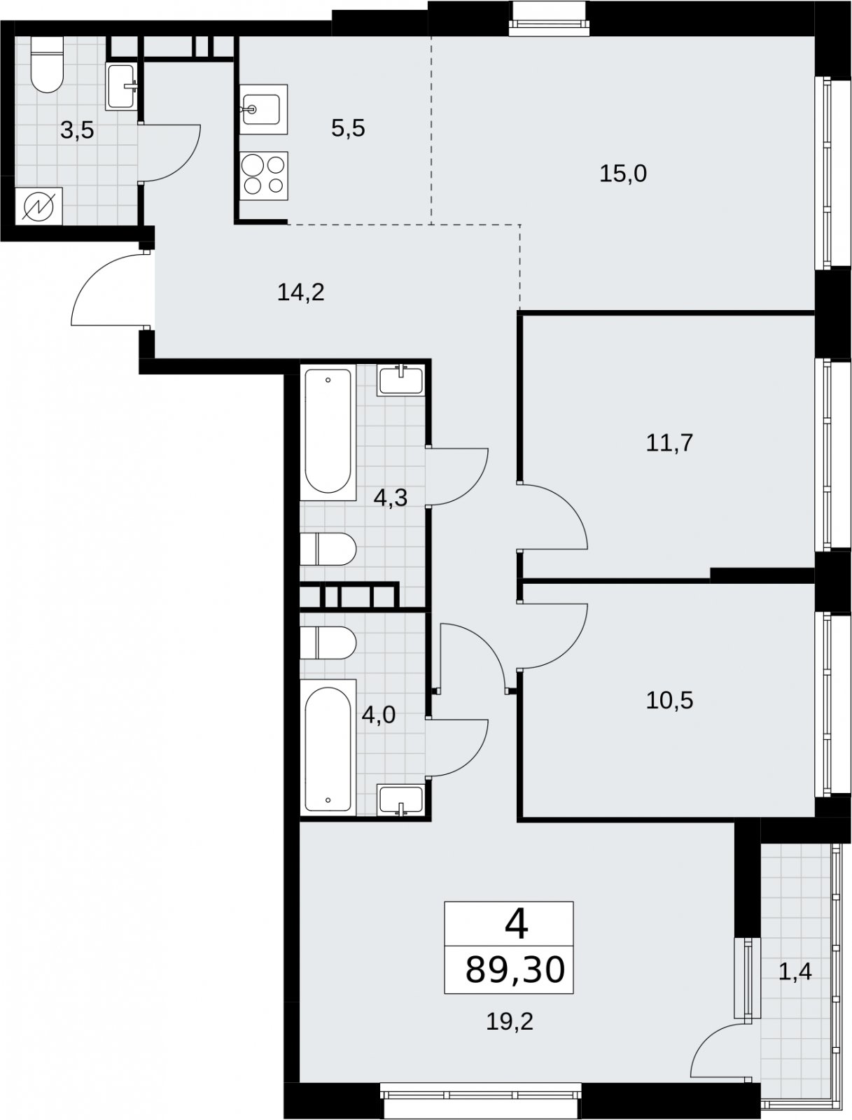 4-комнатная квартира (евро) с полной отделкой, 89.3 м2, 5 этаж, сдача 4 квартал 2026 г., ЖК Родные кварталы, корпус 1.1 - объявление 2317642 - фото №1