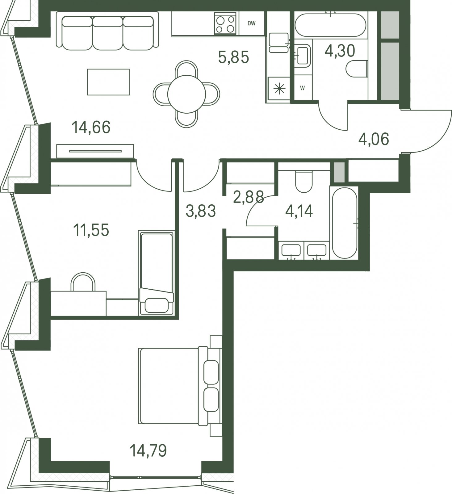 2-комнатная квартира с частичной отделкой, 66.06 м2, 12 этаж, сдача 3 квартал 2025 г., ЖК Moments, корпус 1 - объявление 2155003 - фото №1