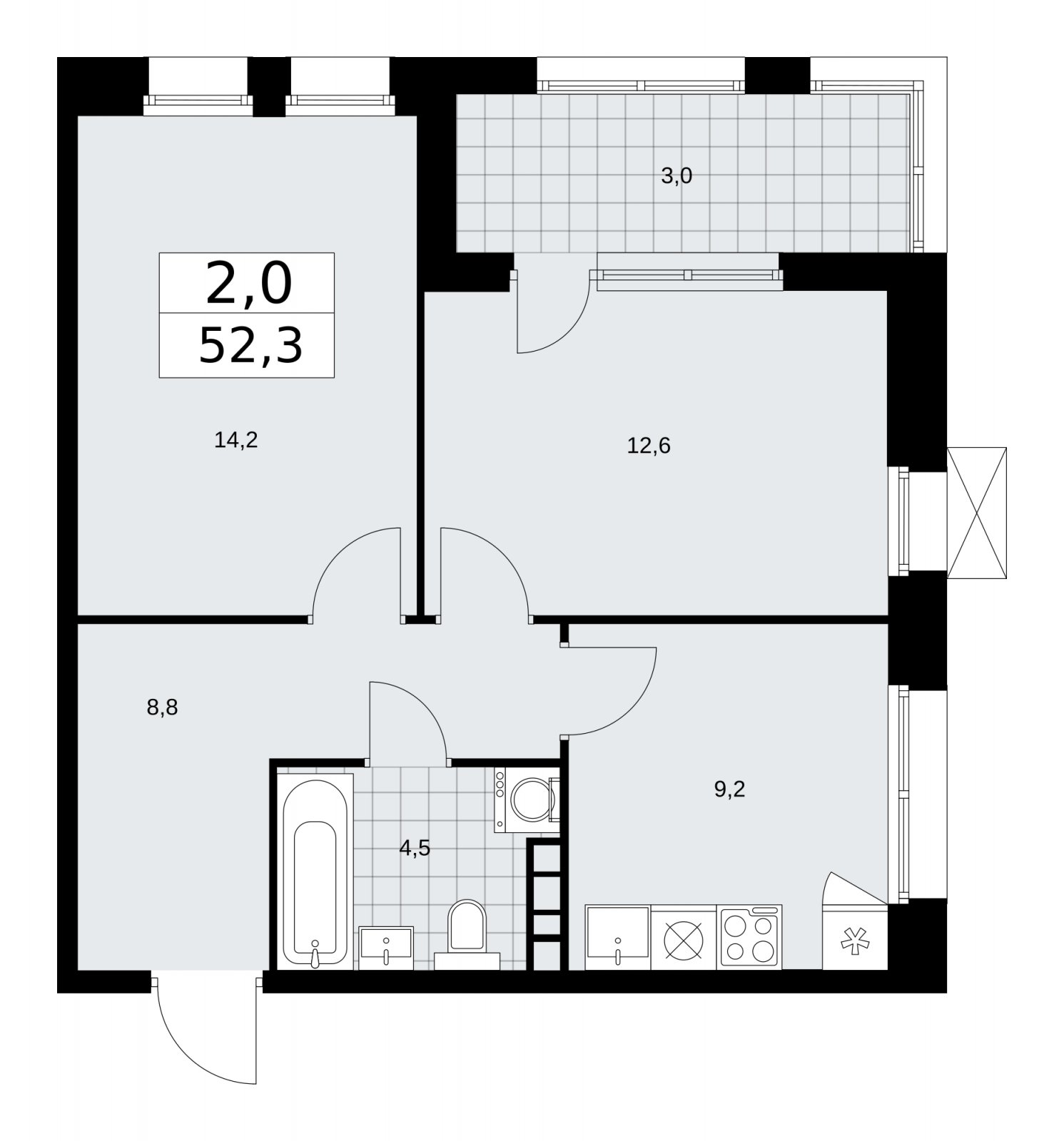 2-комнатная квартира с частичной отделкой, 52.3 м2, 9 этаж, сдача 1 квартал 2026 г., ЖК Бунинские кварталы, корпус 6.1 - объявление 2252423 - фото №1