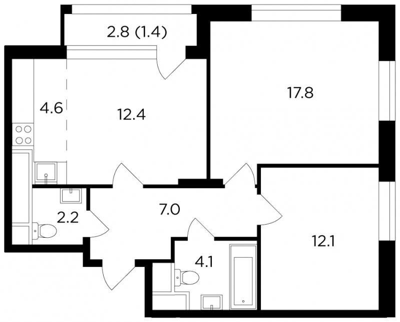 3-комнатная квартира без отделки, 61.61 м2, 16 этаж, дом сдан, ЖК Филатов Луг, корпус 3 - объявление 1958264 - фото №1