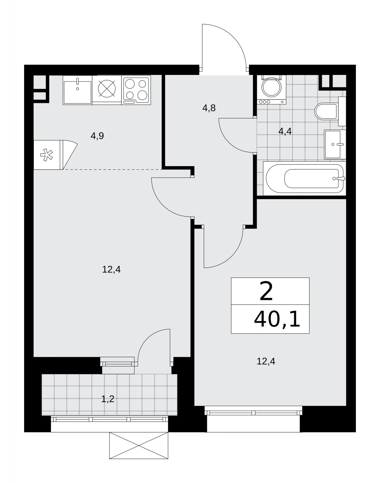 2-комнатная квартира (евро) без отделки, 40.1 м2, 3 этаж, сдача 4 квартал 2025 г., ЖК Бунинские кварталы, корпус 6.4 - объявление 2252712 - фото №1