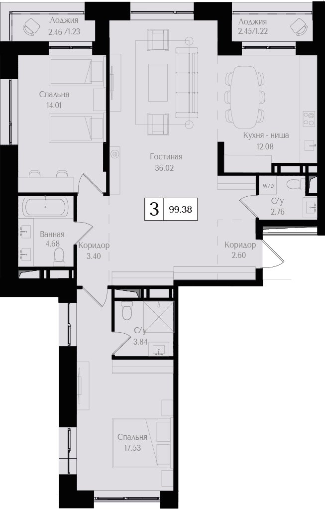 3-комнатная квартира (евро) без отделки, 95.76 м2, 14 этаж, сдача 3 квартал 2025 г., ЖК Преображенская площадь, корпус 3 - объявление 2266214 - фото №1