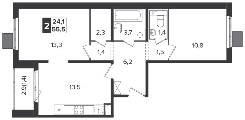 2-комнатная квартира с частичной отделкой, 55.5 м2, 20 этаж, дом сдан, ЖК Южная Битца, корпус 6 - объявление 1308568 - фото №1