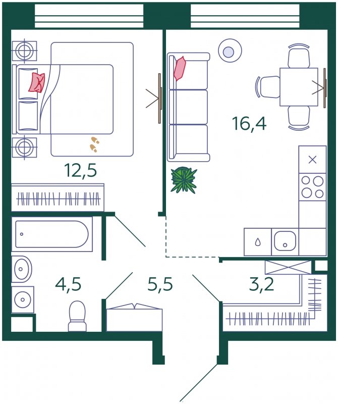 1-комнатная квартира без отделки, 42.1 м2, 6 этаж, сдача 4 квартал 2024 г., ЖК SHAGAL, корпус 2.8 - объявление 1806104 - фото №1