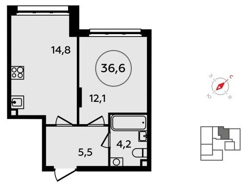 1-комнатная квартира без отделки, 36.6 м2, 2 этаж, сдача 4 квартал 2023 г., ЖК Скандинавия, корпус 2.15 - объявление 1517016 - фото №1