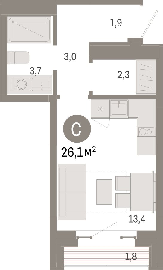 Студия с частичной отделкой, 26.1 м2, 11 этаж, сдача 3 квартал 2026 г., ЖК Квартал Метроном, корпус 1 - объявление 2396849 - фото №1
