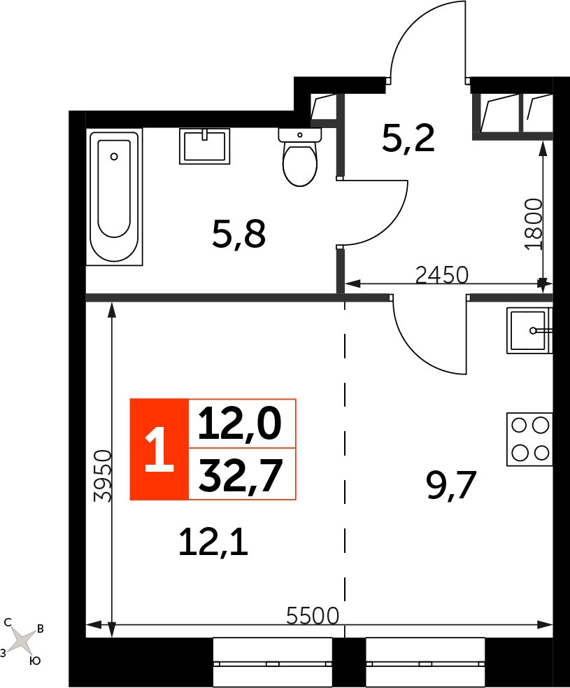 Студия с частичной отделкой, 32.7 м2, 18 этаж, сдача 3 квартал 2024 г., ЖК Sydney City, корпус 2.1 - объявление 2353857 - фото №1
