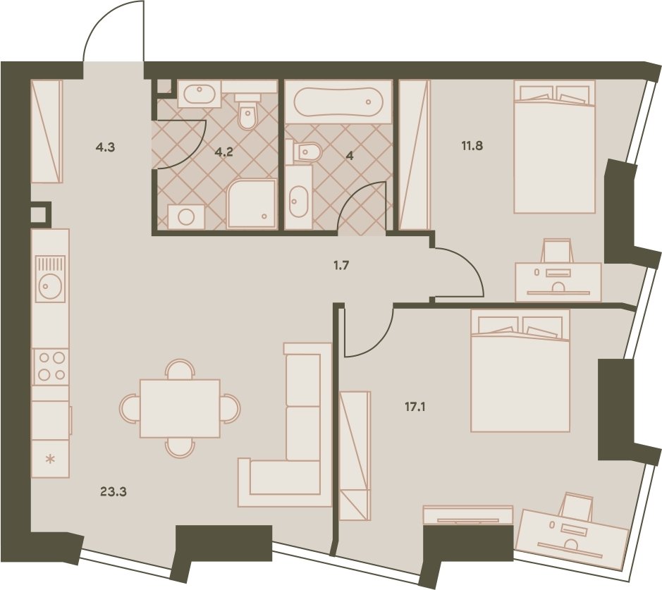 3-комнатная квартира с частичной отделкой, 66.3 м2, 17 этаж, сдача 3 квартал 2023 г., ЖК Eniteo, корпус 1 - объявление 2259012 - фото №1