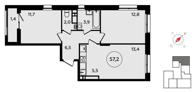 3-комнатная квартира (евро) без отделки, 57.2 м2, 16 этаж, сдача 3 квартал 2023 г., ЖК Прокшино, корпус 4.6 - объявление 1498698 - фото №1