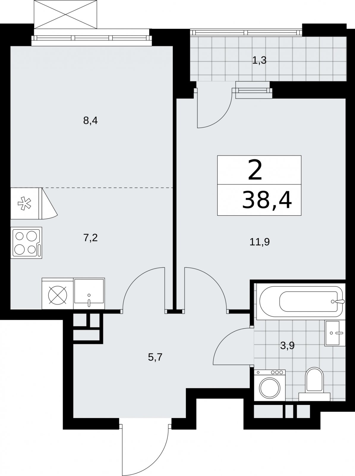 2-комнатная квартира (евро) с частичной отделкой, 38.4 м2, 4 этаж, сдача 2 квартал 2026 г., ЖК Бунинские кварталы, корпус 5.1 - объявление 2297004 - фото №1