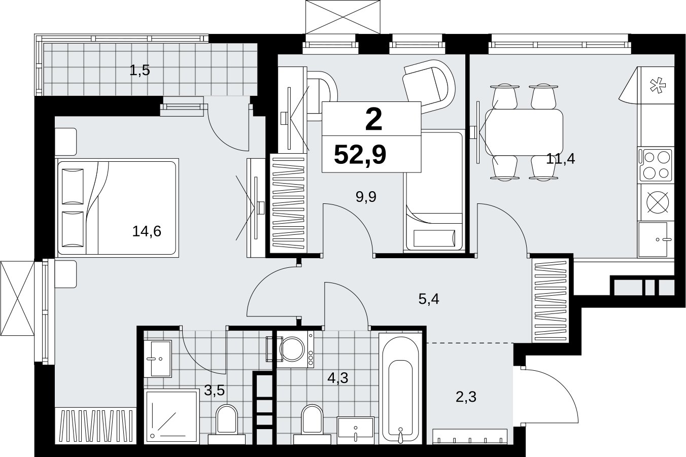 2-комнатная квартира с полной отделкой, 52.9 м2, 4 этаж, сдача 1 квартал 2027 г., ЖК Скандинавия, корпус 2.18.2.2 - объявление 2351188 - фото №1