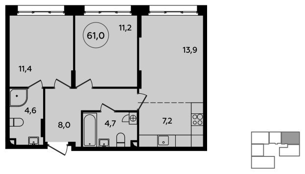 3-комнатная квартира (евро) без отделки, 61 м2, 2 этаж, сдача 4 квартал 2023 г., ЖК Скандинавия, корпус 2.23.6 - объявление 1514825 - фото №1