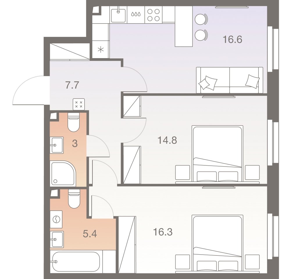 2-комнатная квартира без отделки, 63.8 м2, 23 этаж, сдача 1 квартал 2026 г., ЖК Twelve, корпус 3 - объявление 2331945 - фото №1