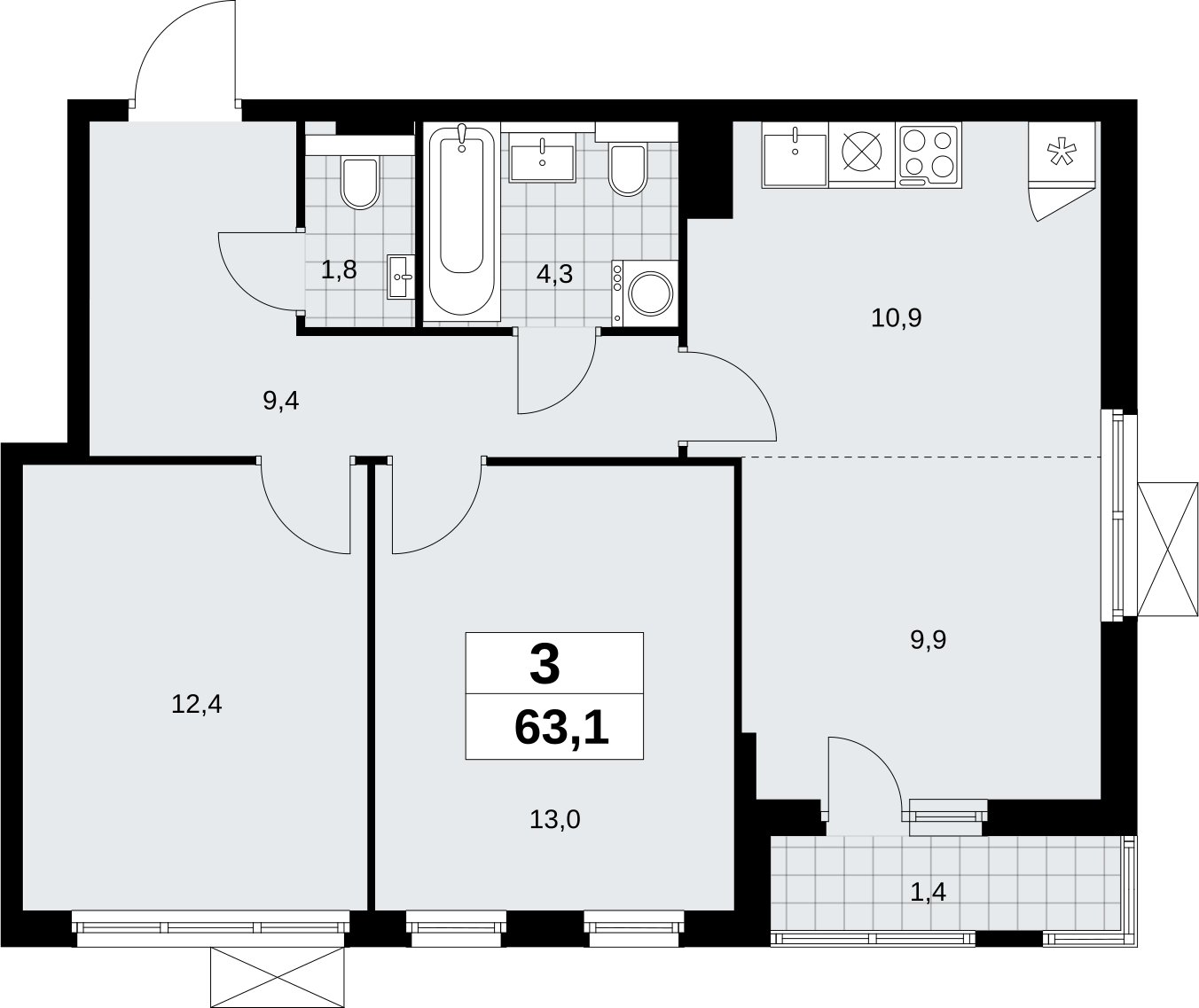 3-комнатная квартира (евро) без отделки, 63.1 м2, 9 этаж, сдача 2 квартал 2026 г., ЖК Бунинские кварталы, корпус 9.1 - объявление 2324123 - фото №1