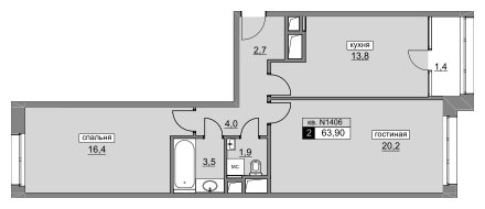2-комнатная квартира без отделки, 63.9 м2, 12 этаж, сдача 4 квартал 2022 г., ЖК Румянцево-Парк, корпус 3 - объявление 1187440 - фото №1