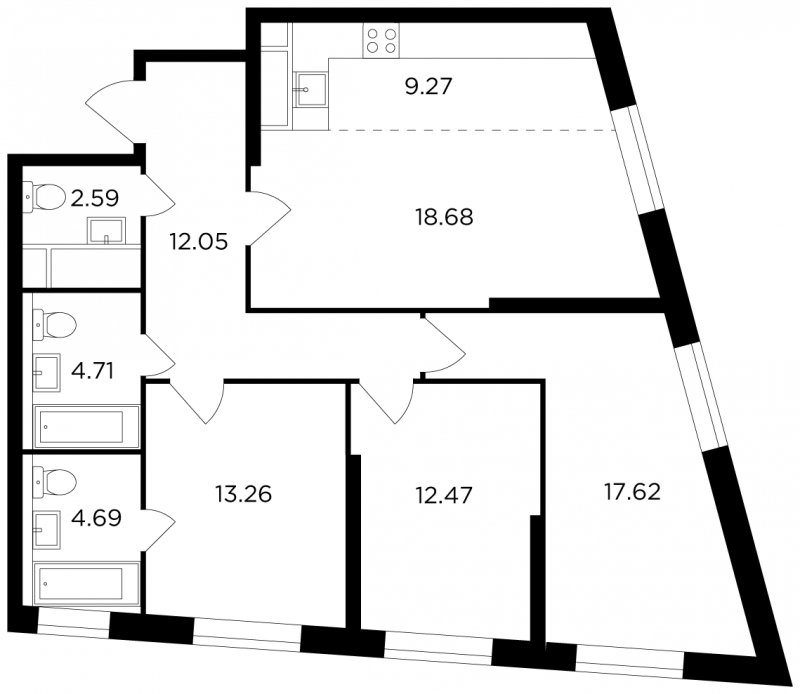 4-комнатная квартира (евро) без отделки, 95.34 м2, 8 этаж, сдача 3 квартал 2022 г., ЖК КутузовGRAD 2, корпус 5 - объявление 1777733 - фото №1
