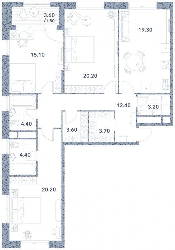 3-комнатная квартира без отделки, 108.3 м2, 6 этаж, сдача 3 квартал 2023 г., ЖК Серебряный фонтан, корпус 3 - объявление 1671978 - фото №1