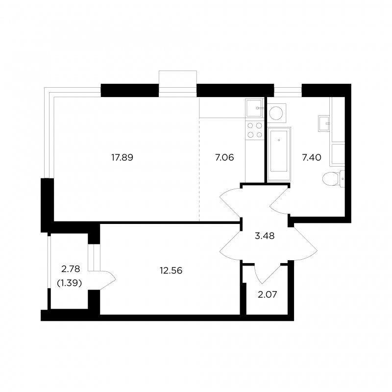 2-комнатная квартира без отделки, 51.85 м2, 24 этаж, сдача 1 квартал 2023 г., ЖК TopHILLS, корпус 3 - объявление 1782590 - фото №1