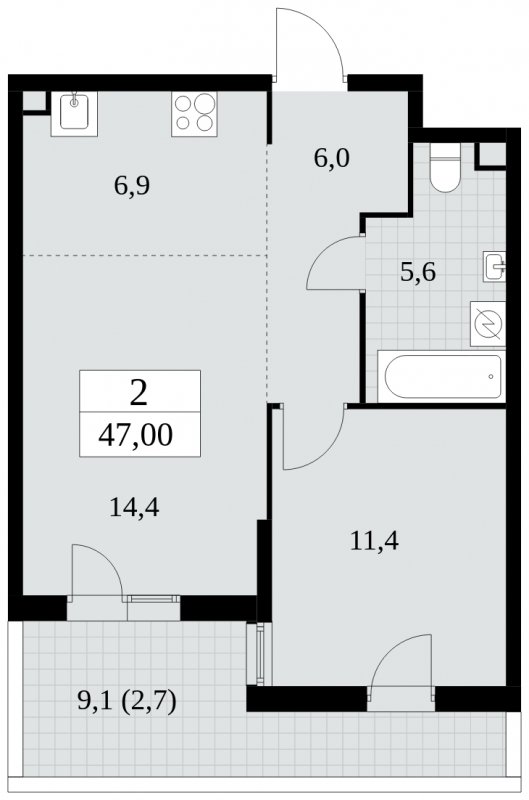 2-комнатная квартира (евро) с частичной отделкой, 47 м2, 2 этаж, сдача 2 квартал 2025 г., ЖК Южные сады, корпус 2.1 - объявление 2052284 - фото №1