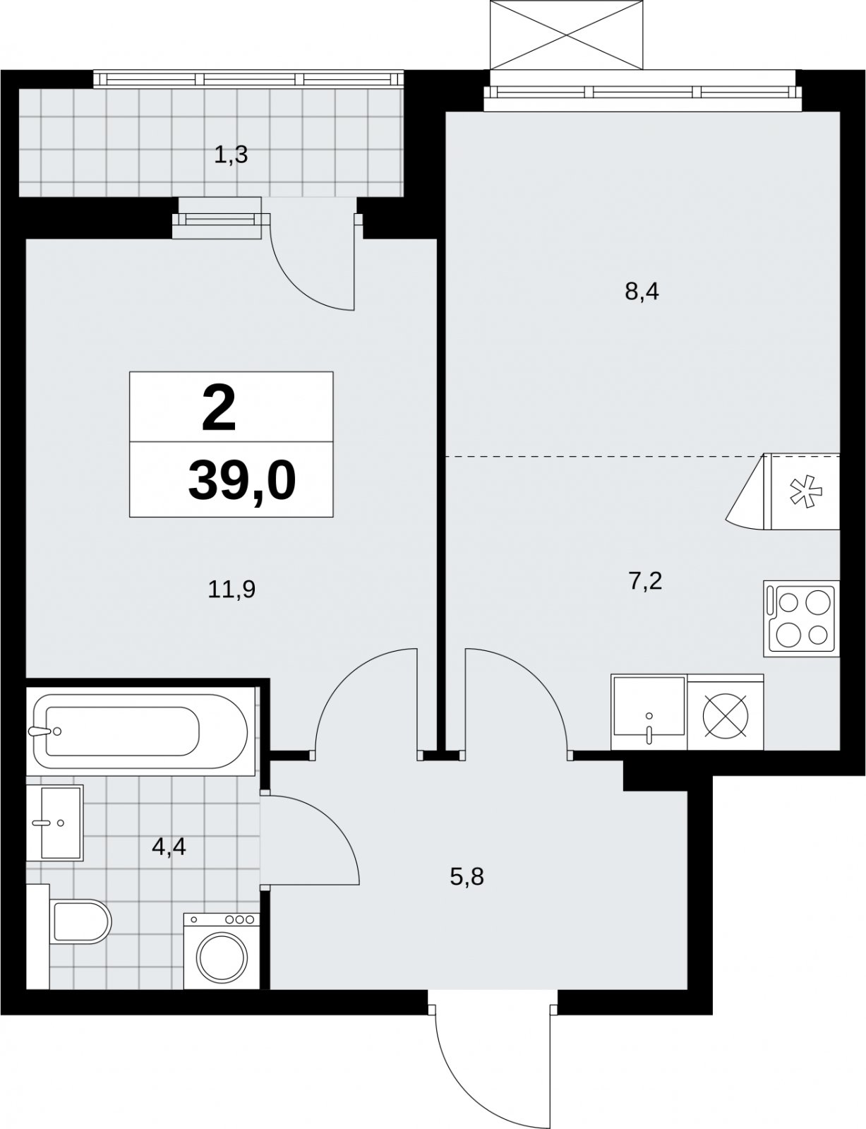 2-комнатная квартира (евро) без отделки, 39 м2, 9 этаж, сдача 2 квартал 2026 г., ЖК Бунинские кварталы, корпус 9.1 - объявление 2323945 - фото №1