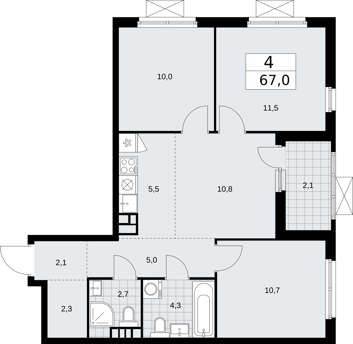 4-комнатная квартира (евро) без отделки, 67 м2, 7 этаж, сдача 2 квартал 2026 г., ЖК Бунинские кварталы, корпус 5.3 - объявление 2297543 - фото №1
