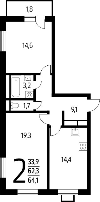 2-комнатная квартира с полной отделкой, 64.1 м2, 6 этаж, сдача 1 квартал 2025 г., ЖК Новые Ватутинки. Заречный, корпус 5/2 - объявление 2272065 - фото №1