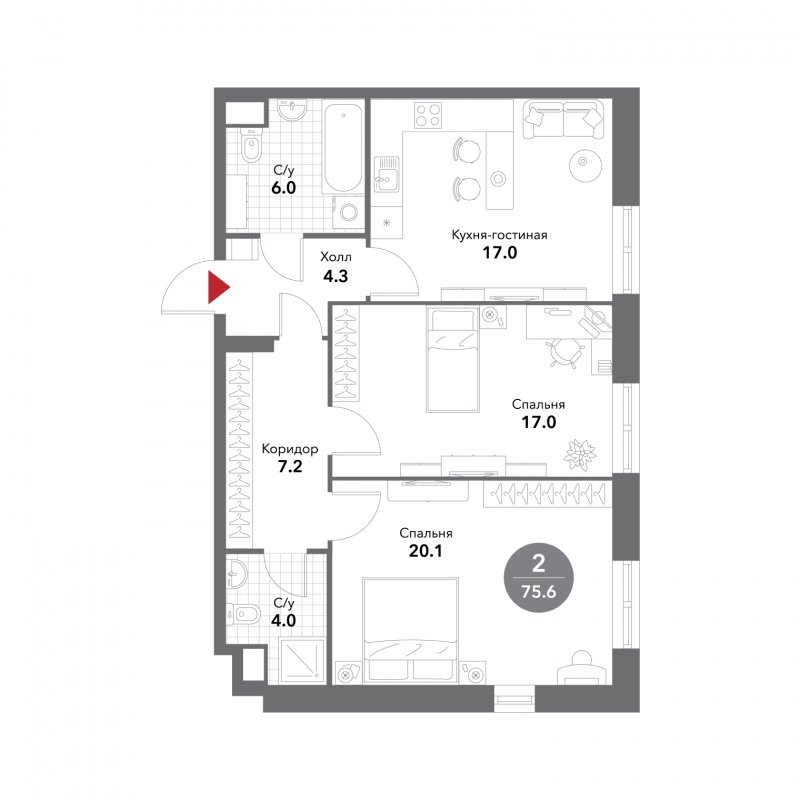 2-комнатные апартаменты без отделки, 75.6 м2, 16 этаж, сдача 3 квартал 2025 г., ЖК VOXHALL, корпус 4 - объявление 1793749 - фото №1