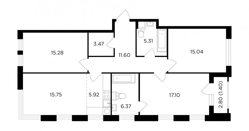 4-комнатная квартира без отделки, 97.24 м2, 2 этаж, сдача 1 квартал 2023 г., ЖК TopHILLS, корпус 6 - объявление 1754630 - фото №1
