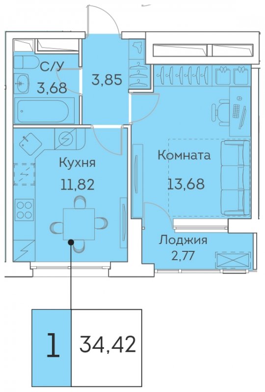 1-комнатная квартира с частичной отделкой, 34.42 м2, 2 этаж, сдача 3 квартал 2023 г., ЖК Аквилон BESIDE, корпус 1 - объявление 1642959 - фото №1