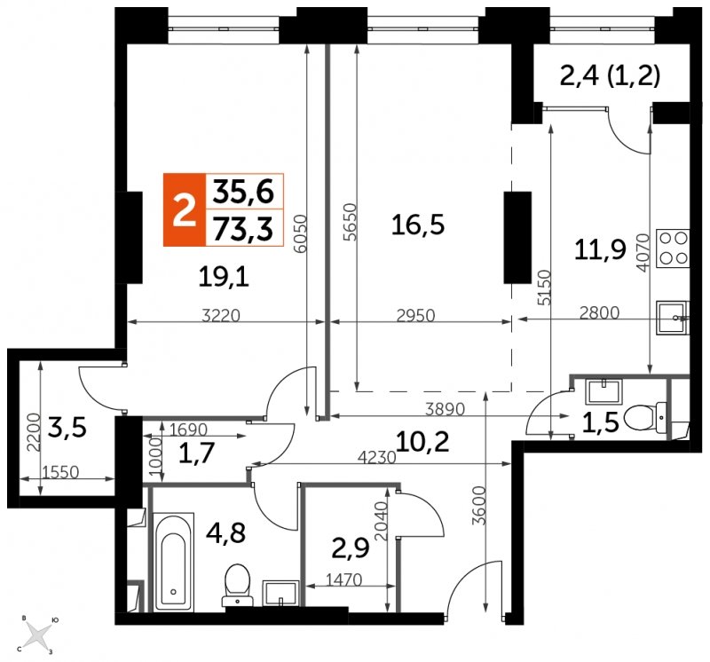 2-комнатная квартира с частичной отделкой, 73.3 м2, 2 этаж, сдача 1 квартал 2023 г., ЖК Sydney City, корпус 3 - объявление 1569077 - фото №1