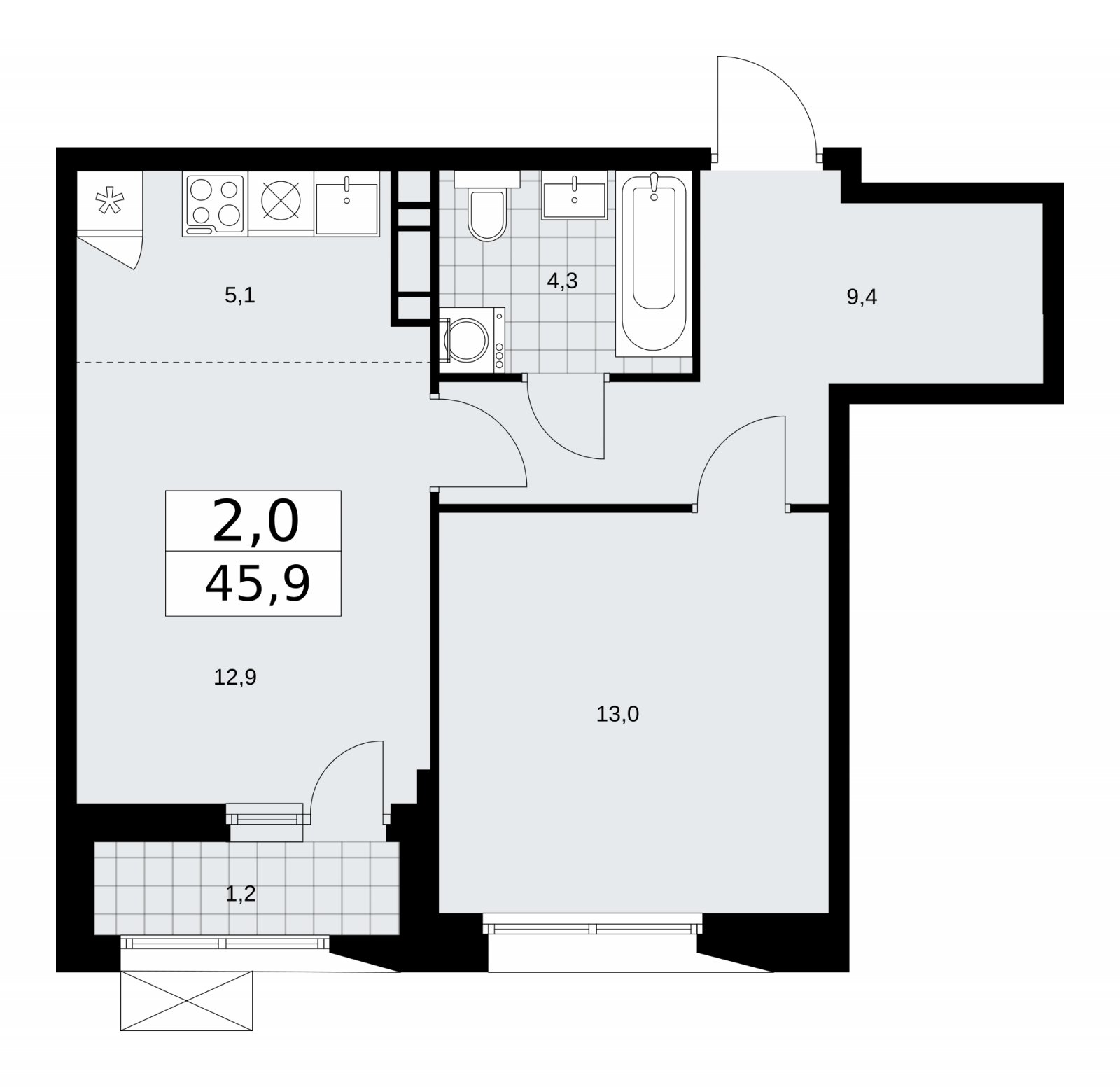 2-комнатная квартира (евро) с частичной отделкой, 45.9 м2, 9 этаж, сдача 1 квартал 2026 г., ЖК Бунинские кварталы, корпус 6.2 - объявление 2252606 - фото №1