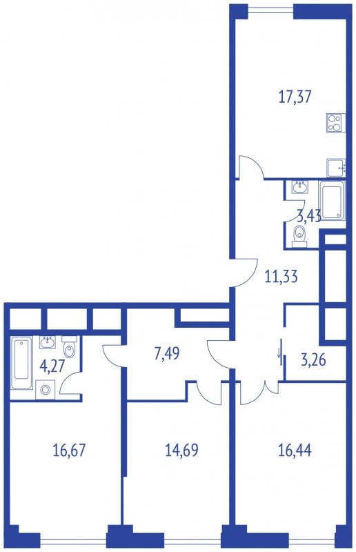 3-комнатная квартира без отделки, 98.54 м2, 31 этаж, сдача 1 квартал 2022 г., ЖК iLove, корпус 1 - объявление 1308957 - фото №1