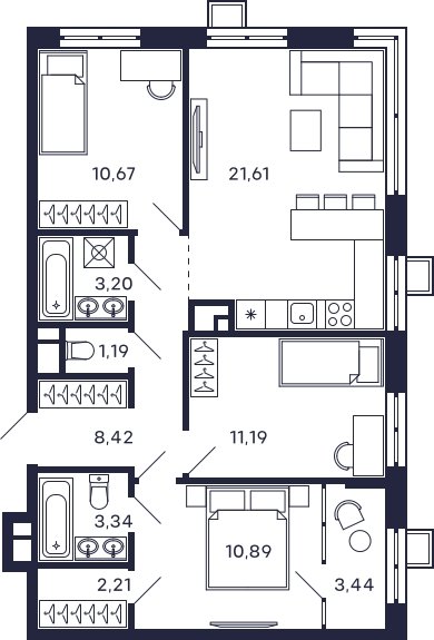 3-комнатная квартира без отделки, 76.16 м2, 23 этаж, сдача 2 квартал 2025 г., ЖК Квартал Тетрис, корпус "Квартал Тетрис 2.2" - объявление 2005461 - фото №1