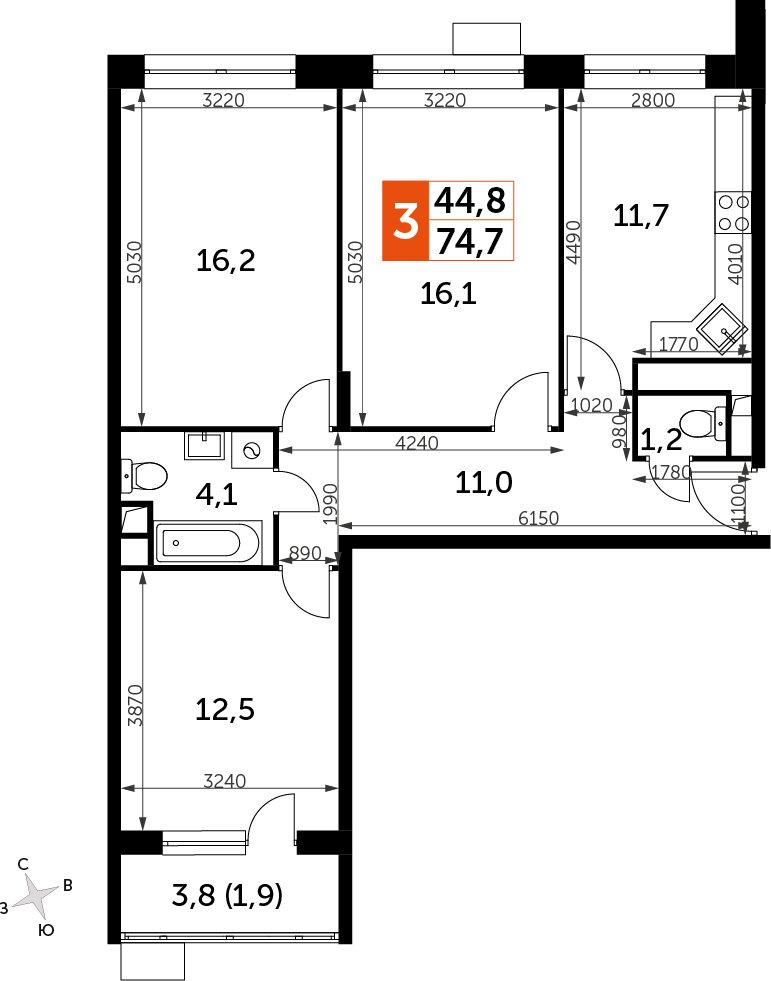 3-комнатная квартира без отделки, 74.6 м2, 6 этаж, дом сдан, ЖК Датский квартал, корпус 2 - объявление 2380474 - фото №1