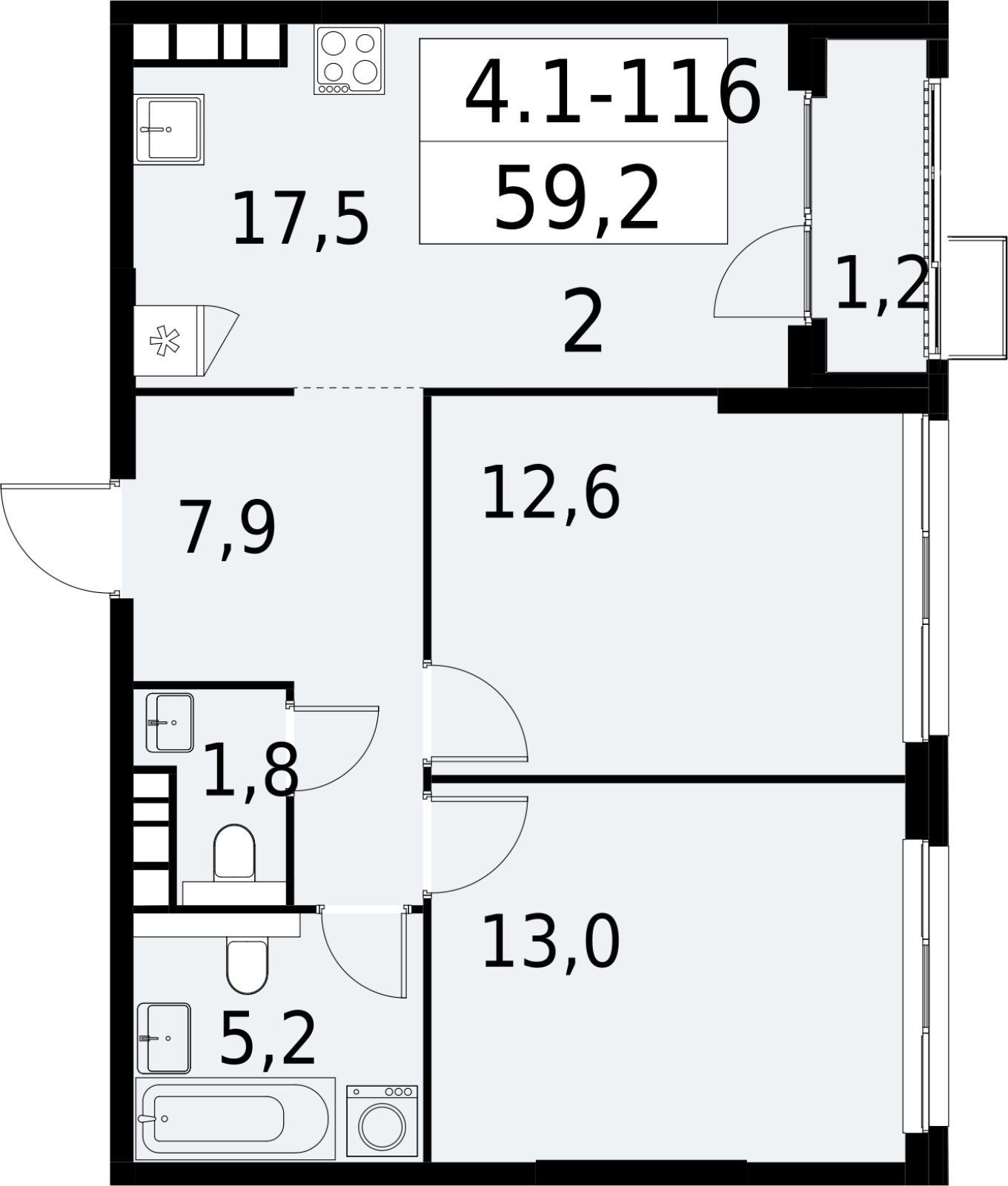2-комнатная квартира с полной отделкой, 59.2 м2, 21 этаж, сдача 2 квартал 2027 г., ЖК Южные сады, корпус 4.1.1 - объявление 2392657 - фото №1