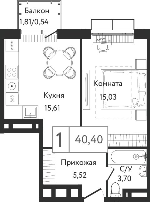 1-комнатная квартира без отделки, 41.4 м2, 5 этаж, дом сдан, ЖК Dream Towers, корпус 3 - объявление 2289522 - фото №1