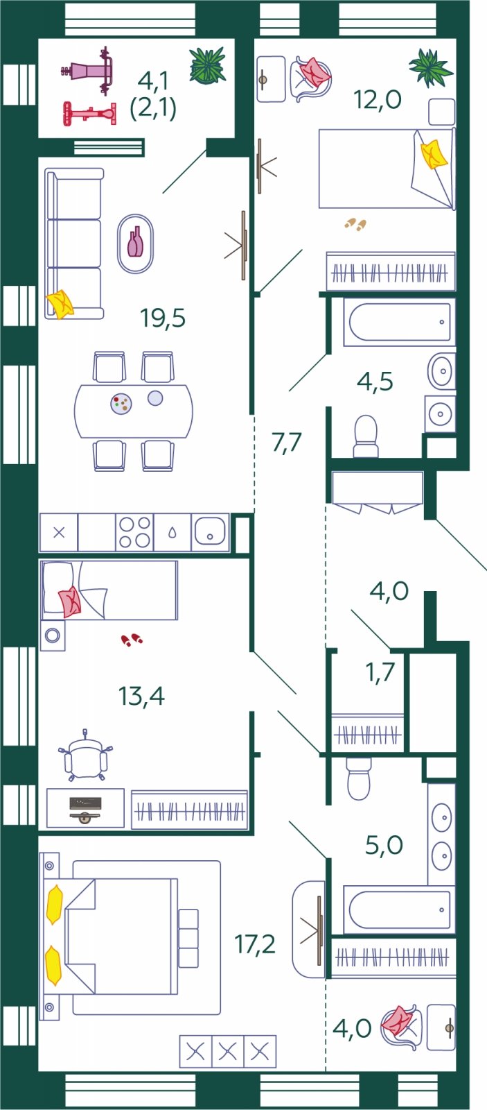 3-комнатная квартира без отделки, 91.1 м2, 11 этаж, сдача 4 квартал 2024 г., ЖК SHAGAL, корпус 2.6 - объявление 1981136 - фото №1
